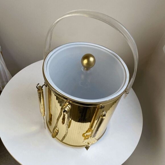 Vintage 1970s Metallic Gold Ice Bucket Clear Lucite Handle with Bar Utensils Bar - Picture 9 of 12